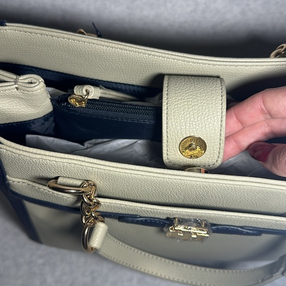 Tommy Hilfiger Taupe Navy Leather Satchel Tote Bag - Picture 6 of 11